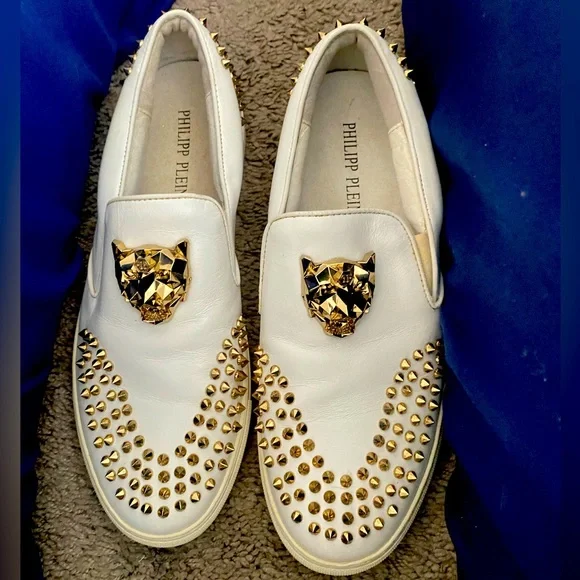 Philipp Plein Cream Slip-On Loafers with Silver Skull Velvet Loafers Embroidery Skull | Philipp Plein main image 3